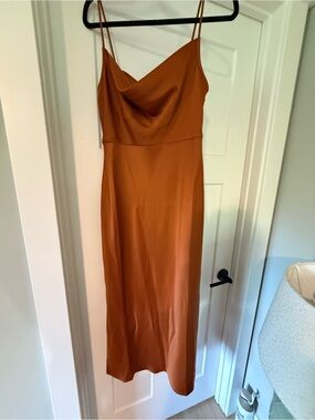 NWT BHLDN Anthropology Rust Satin Slip Midi Dress with Cowl Neck